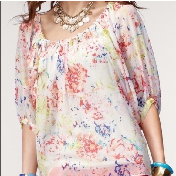 Cabi In Case Blouse White Yellow Red Blue Peasant Watercolor Floral Top 826 M - Picture 2 of 8